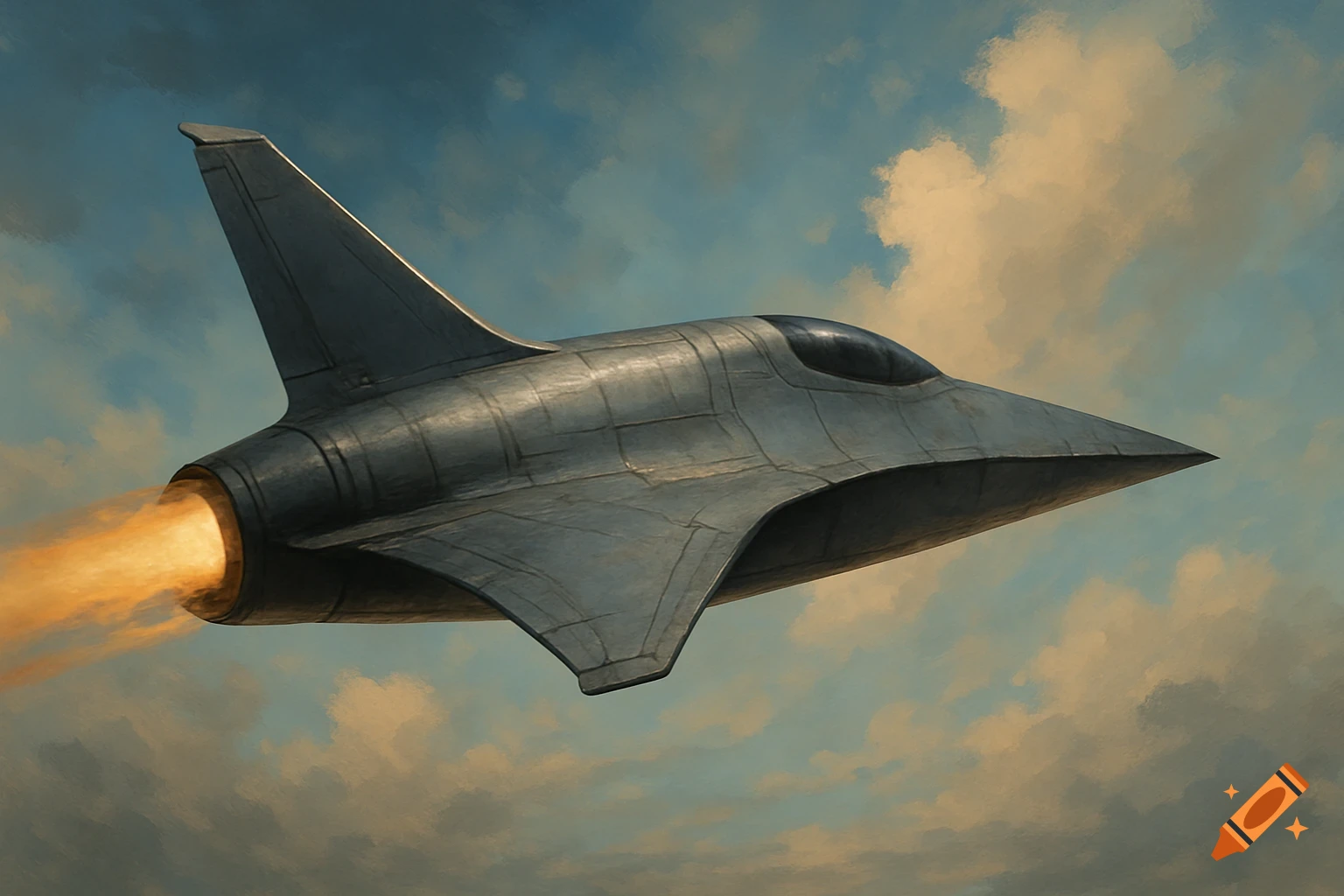 A dark grey, futuristic-looking jet flies upward against a cloudy sky with glowing orange engine exhaust.