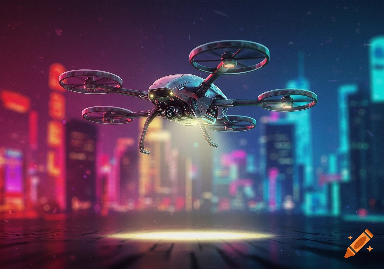 Futuristic drone hovering over a surface with a blurred neon city background.