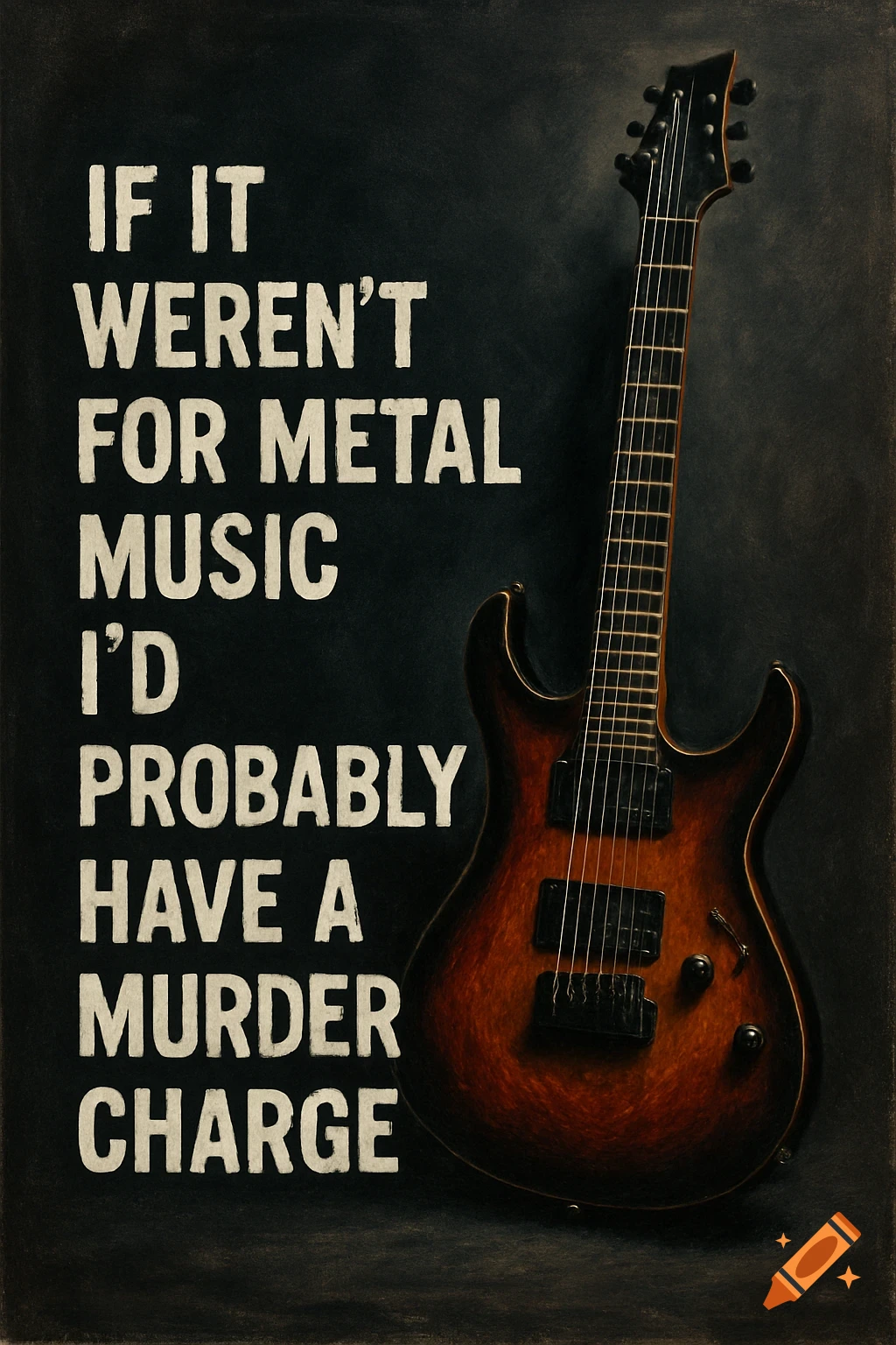 Electric guitar on dark background with white text 'If it weren't for metal music I'd probably have a murder charge.'