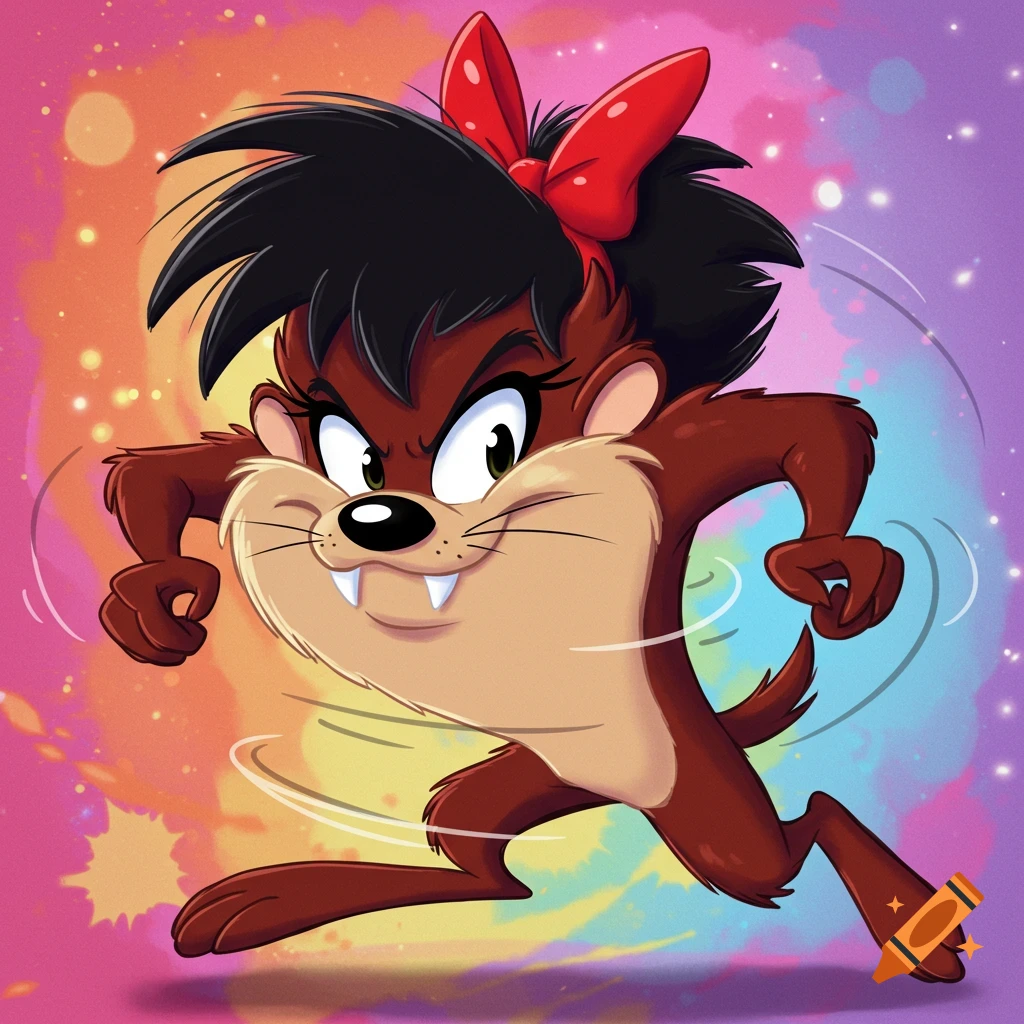 Cartoon of a brown creature with a red bow running on a colorful background.