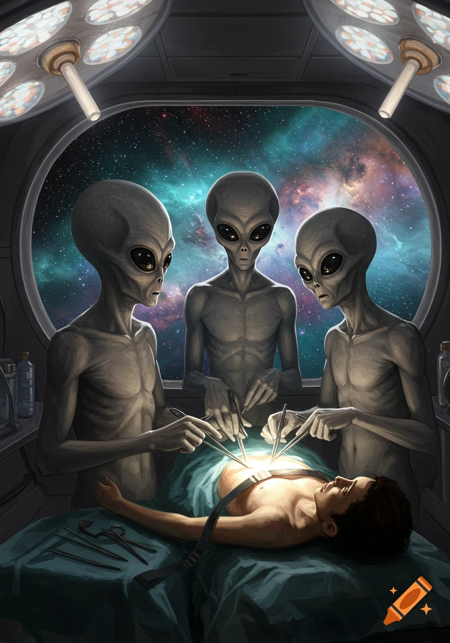 Three grey aliens perform surgery on a human aboard a spaceship, with a view of the galaxy through a window.