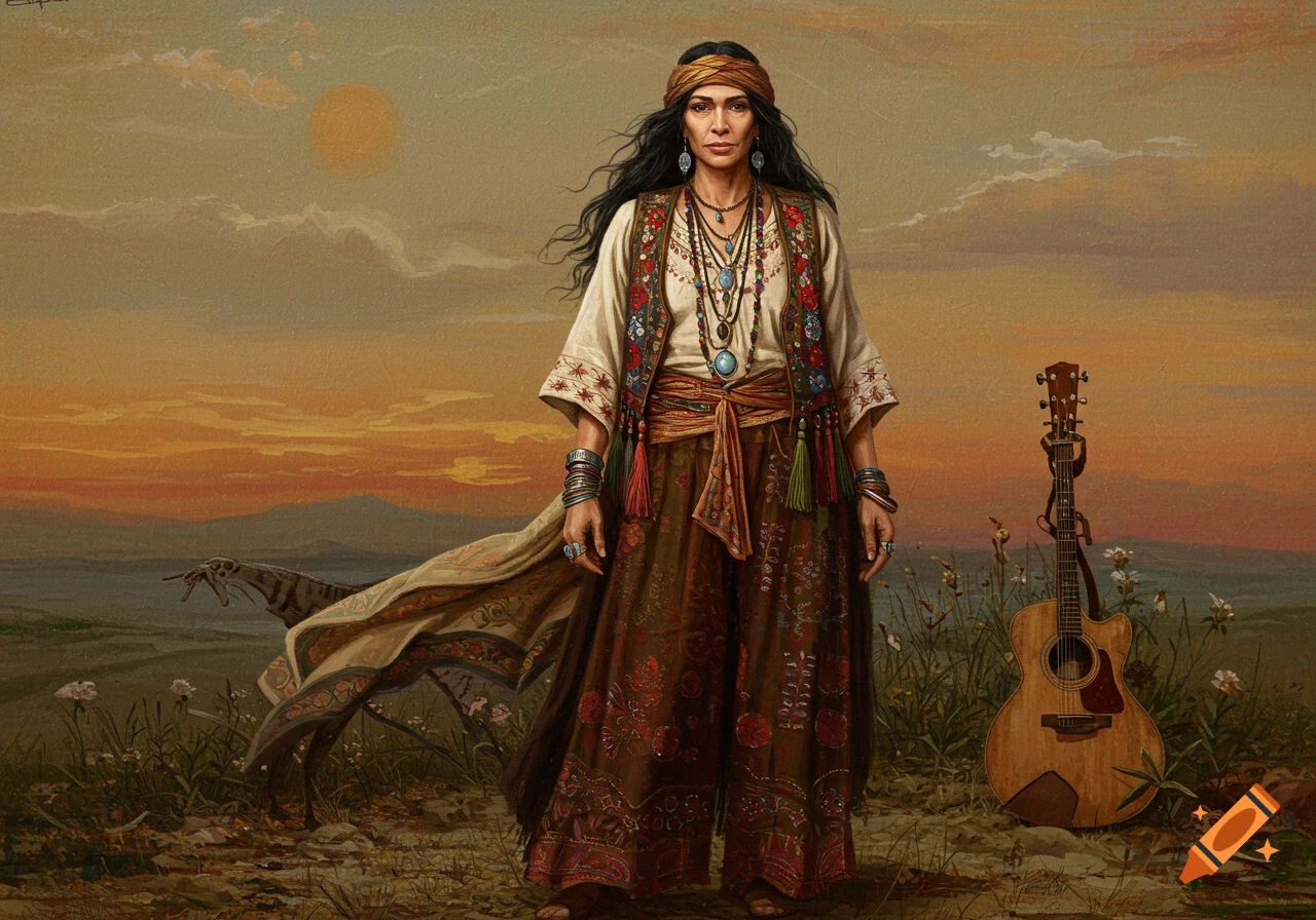 A woman in bohemian clothing stands with a guitar in a landscape at sunset, painterly style.