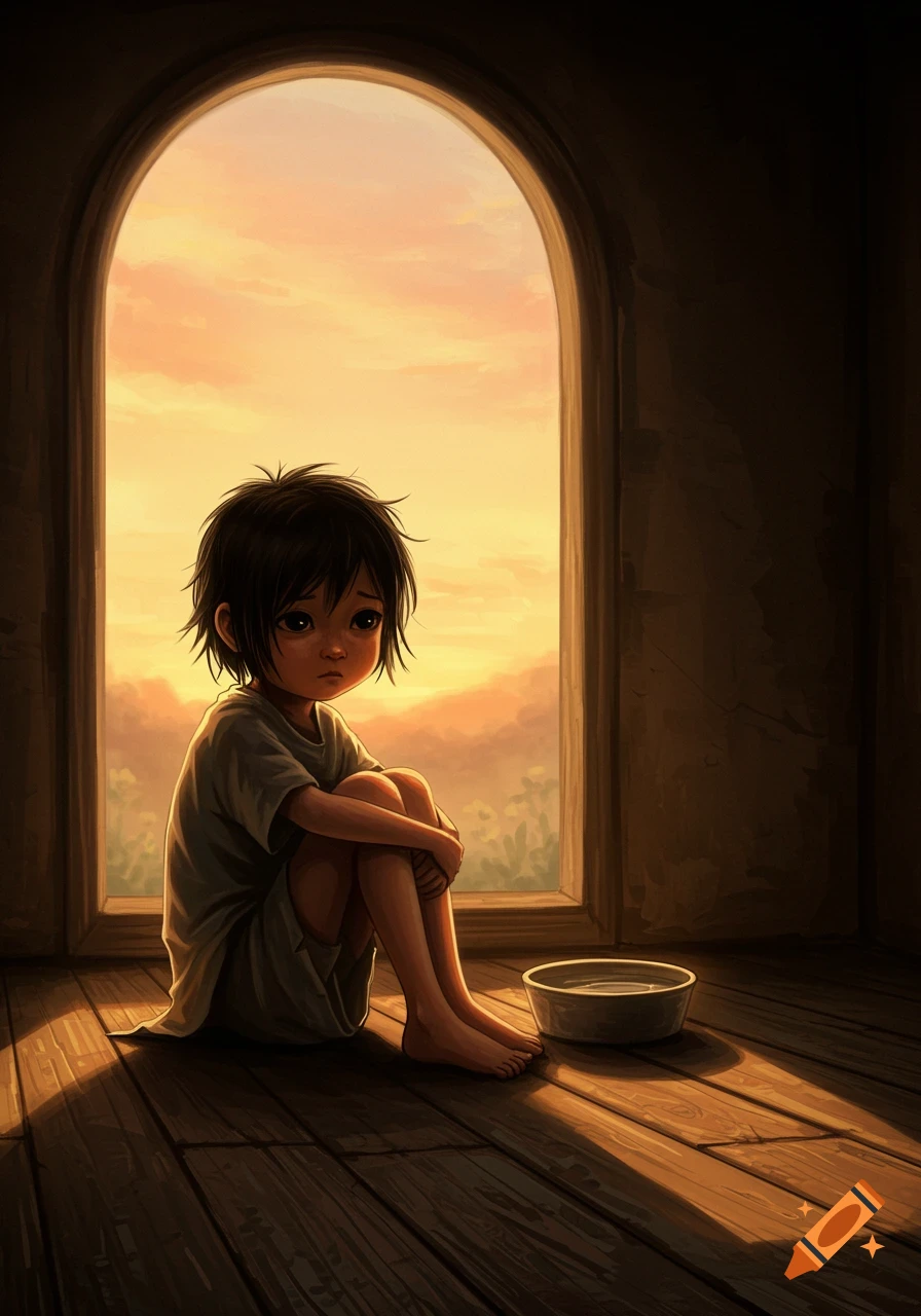 A sad child sits by an arched window looking at a hopeful sunrise, illustration.