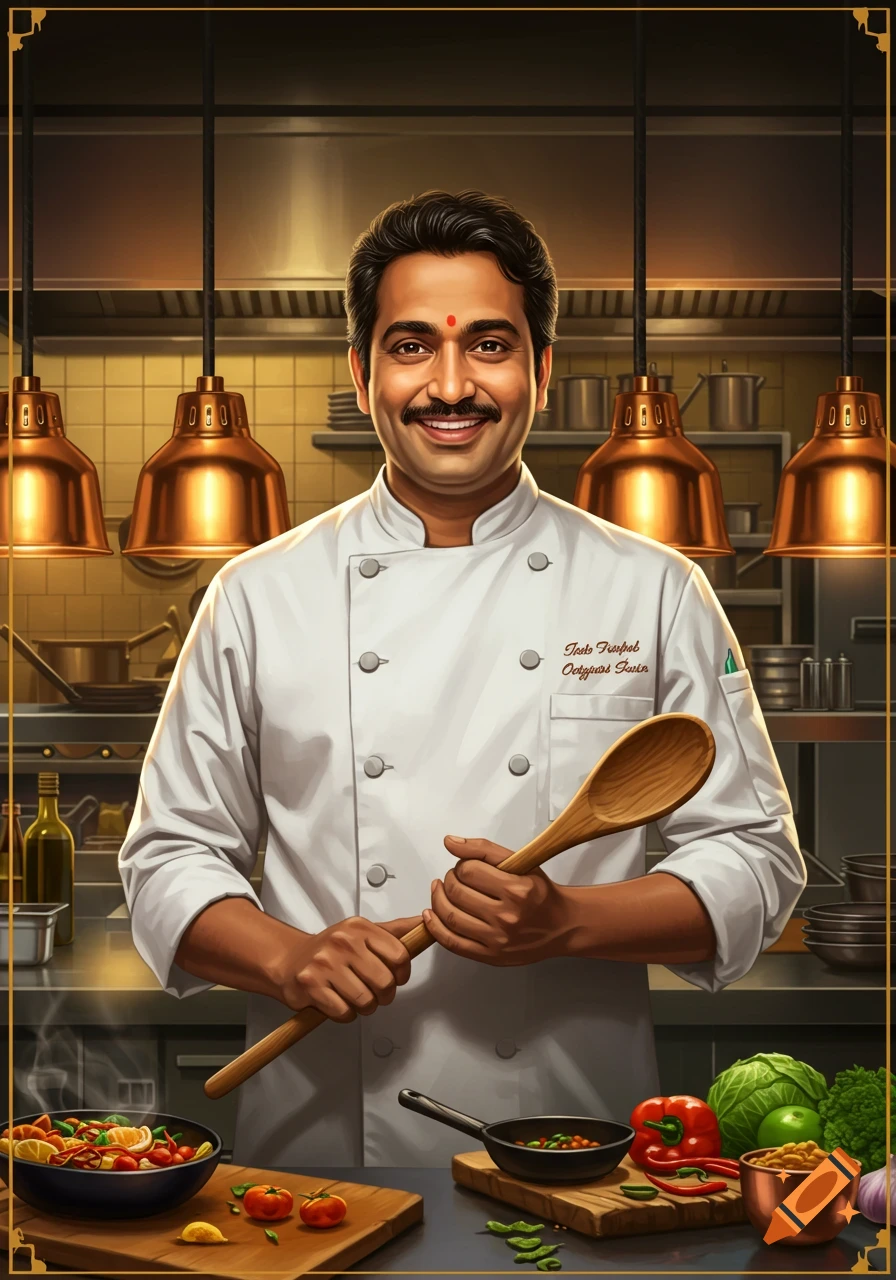 A chef in a white coat holds a wooden spoon in a kitchen.