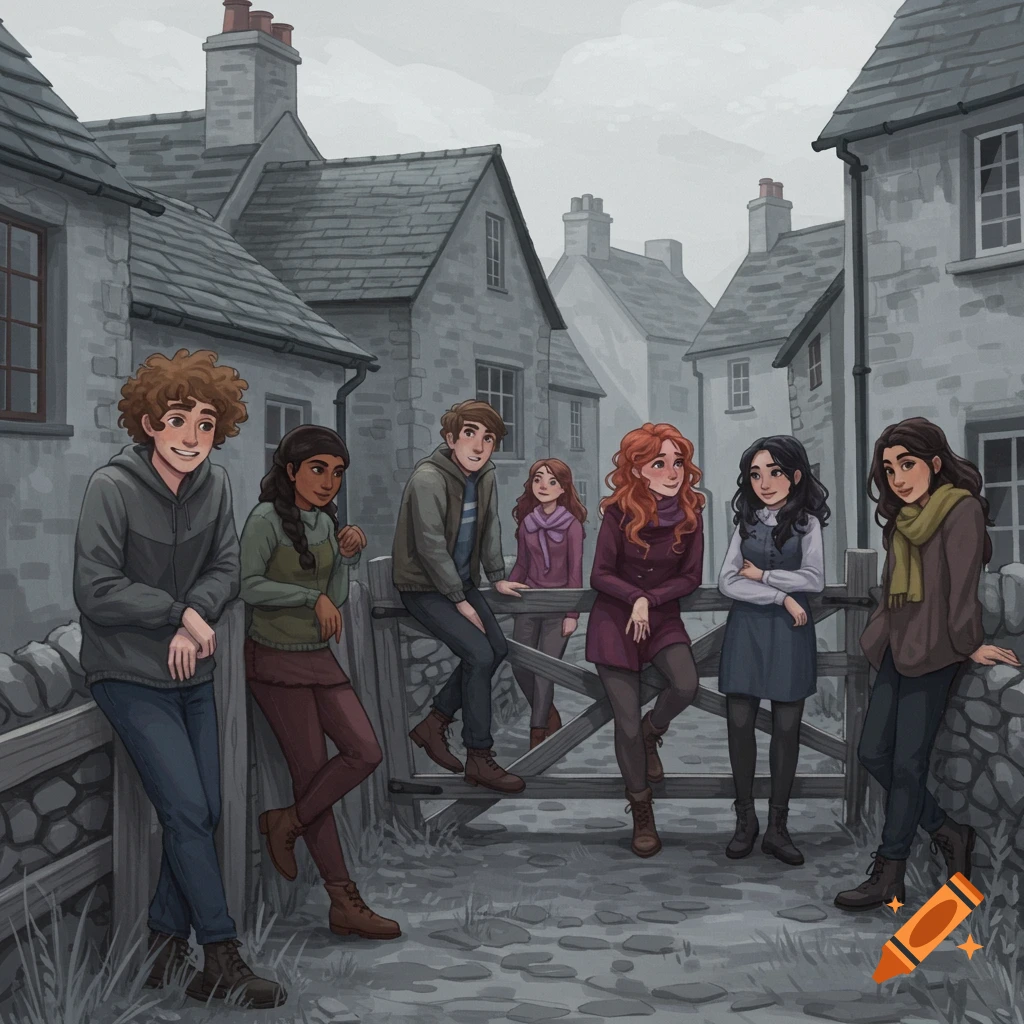 An illustration of seven young people gathered by a gate in a grey village street.