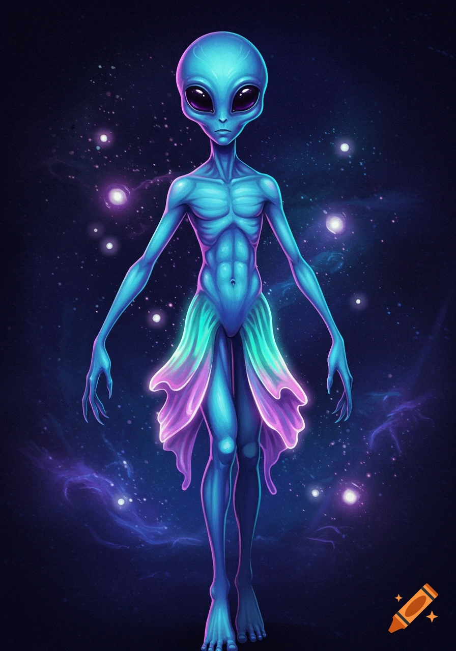 A blue alien with large dark eyes and a flowing purple and green garment stands in a deep space background with stars and nebulae.