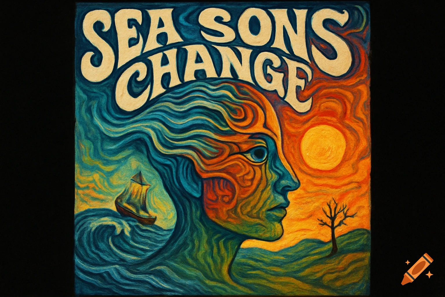 A stylized, mind-bending image of a head merging with a sea scene on the left and a desert scene on the right, with 'SEA SONS CHANGE' text at the top.