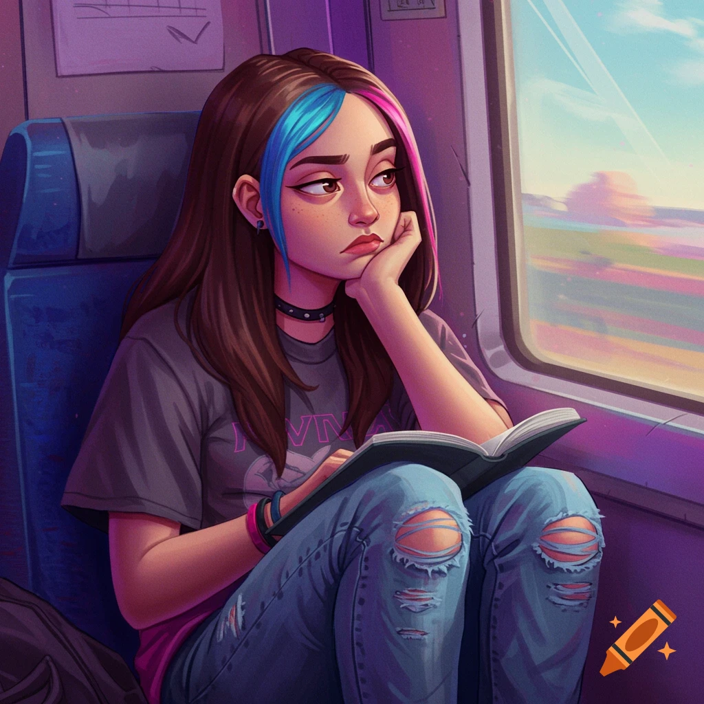 Digital illustration of a teen girl with blue and pink streaks in her hair looking out a train window while holding a book.