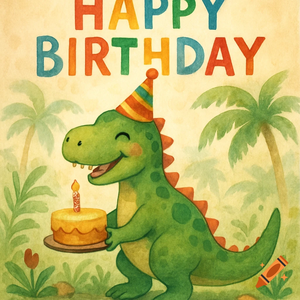 Cute green dinosaur in party hat holding a birthday cake, with 'Happy Birthday' text, watercolor style.