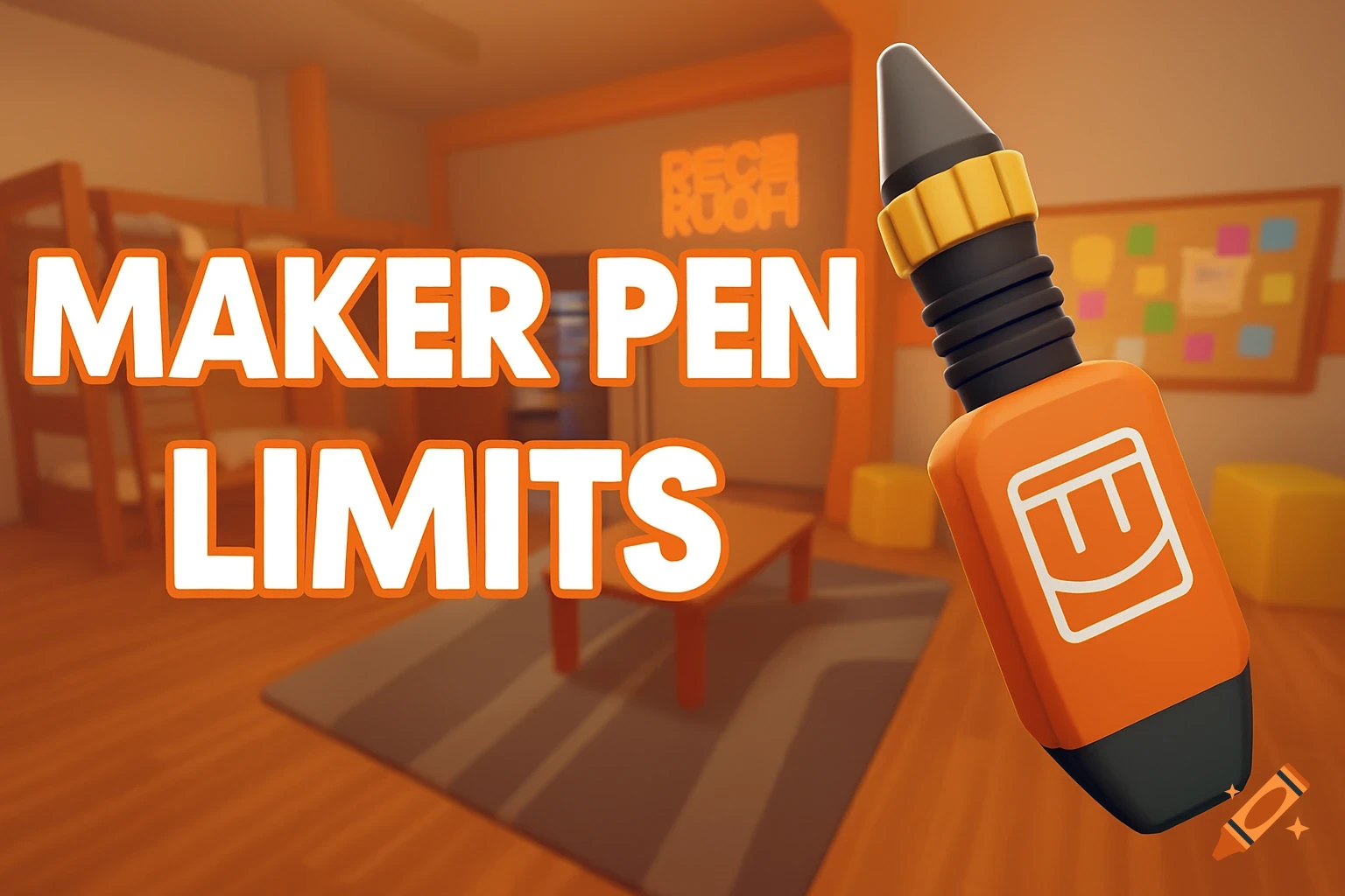 3D render of a Rec Room scene with a Maker Pen and the text 'MAKER PEN LIMITS' and 'REC ROOM'.
