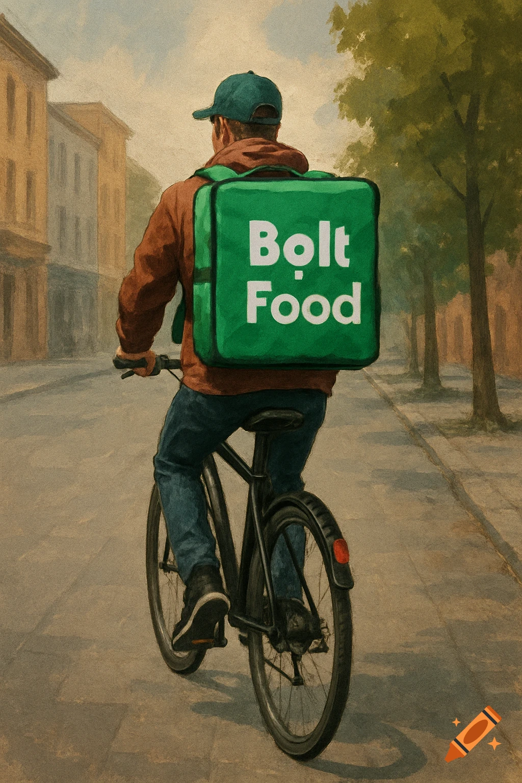 Person on a bike with a green Bolt Food delivery backpack in an urban setting, painted style.
