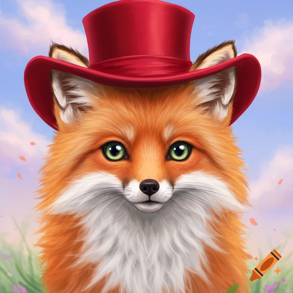 A cute fox wearing a red top hat, illustration