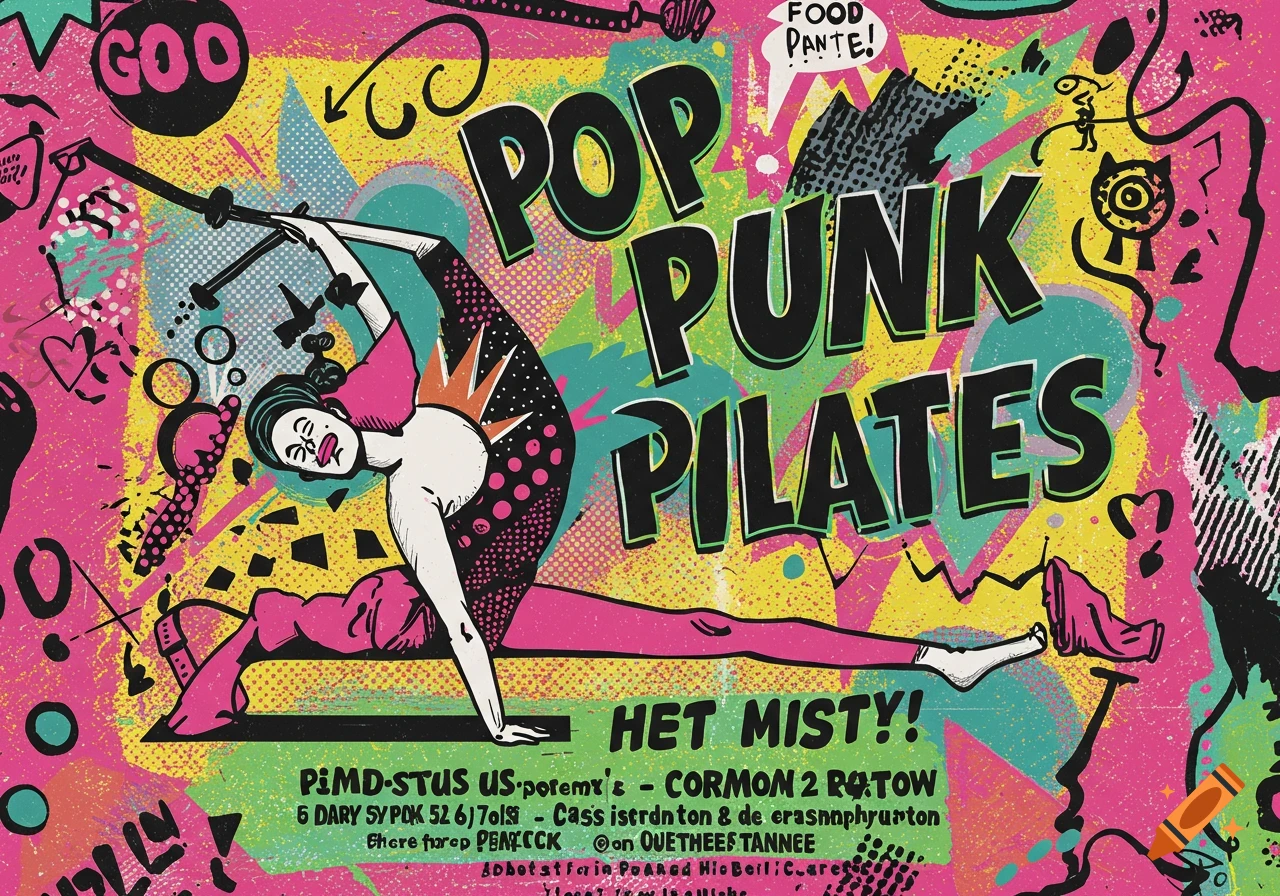 A colorful graphic poster in a pop punk style advertising a pilates class.
