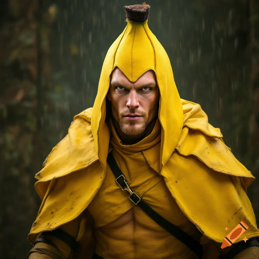 Man in a banana costume stands in the rain