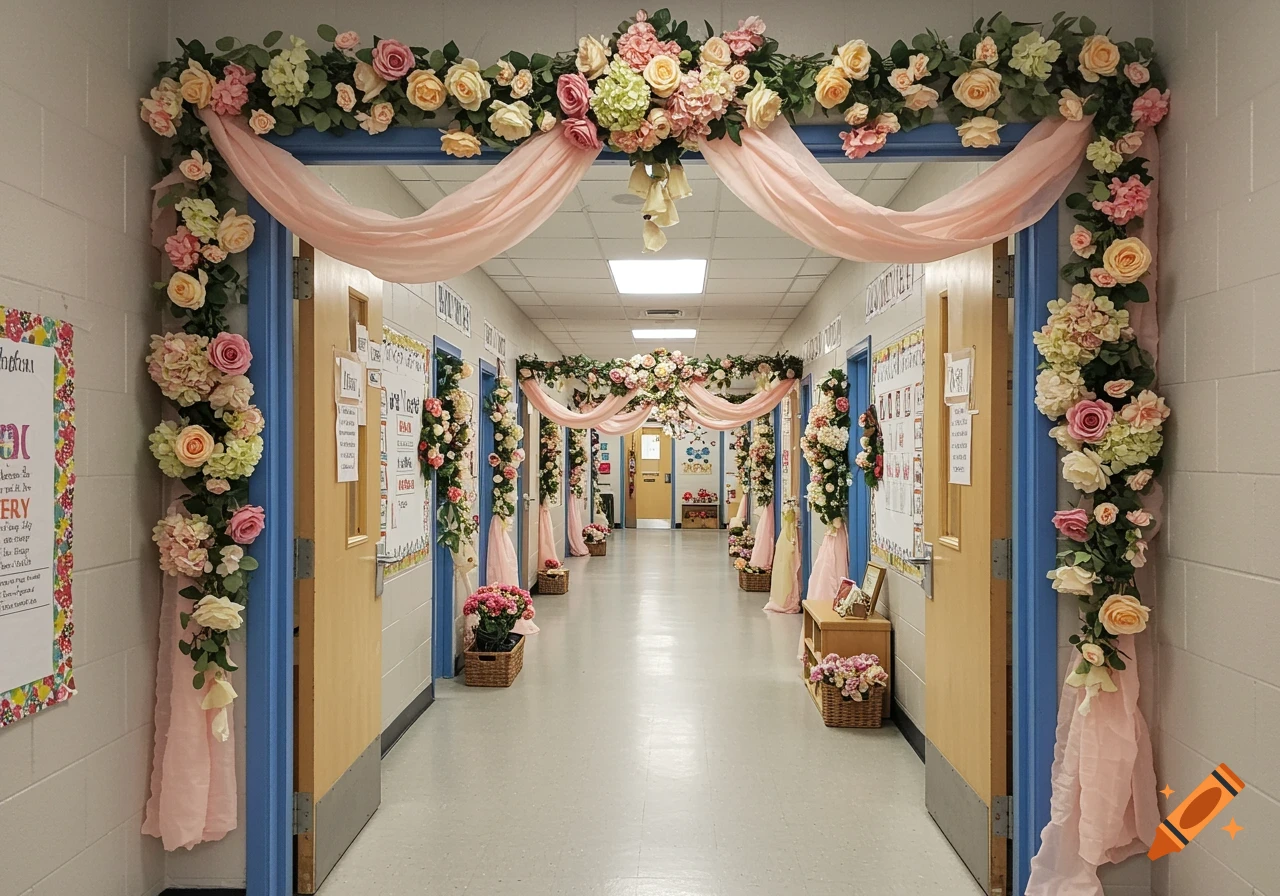 A school hallway is decorated with floral garlands and pink fabric swags over the doorways.
