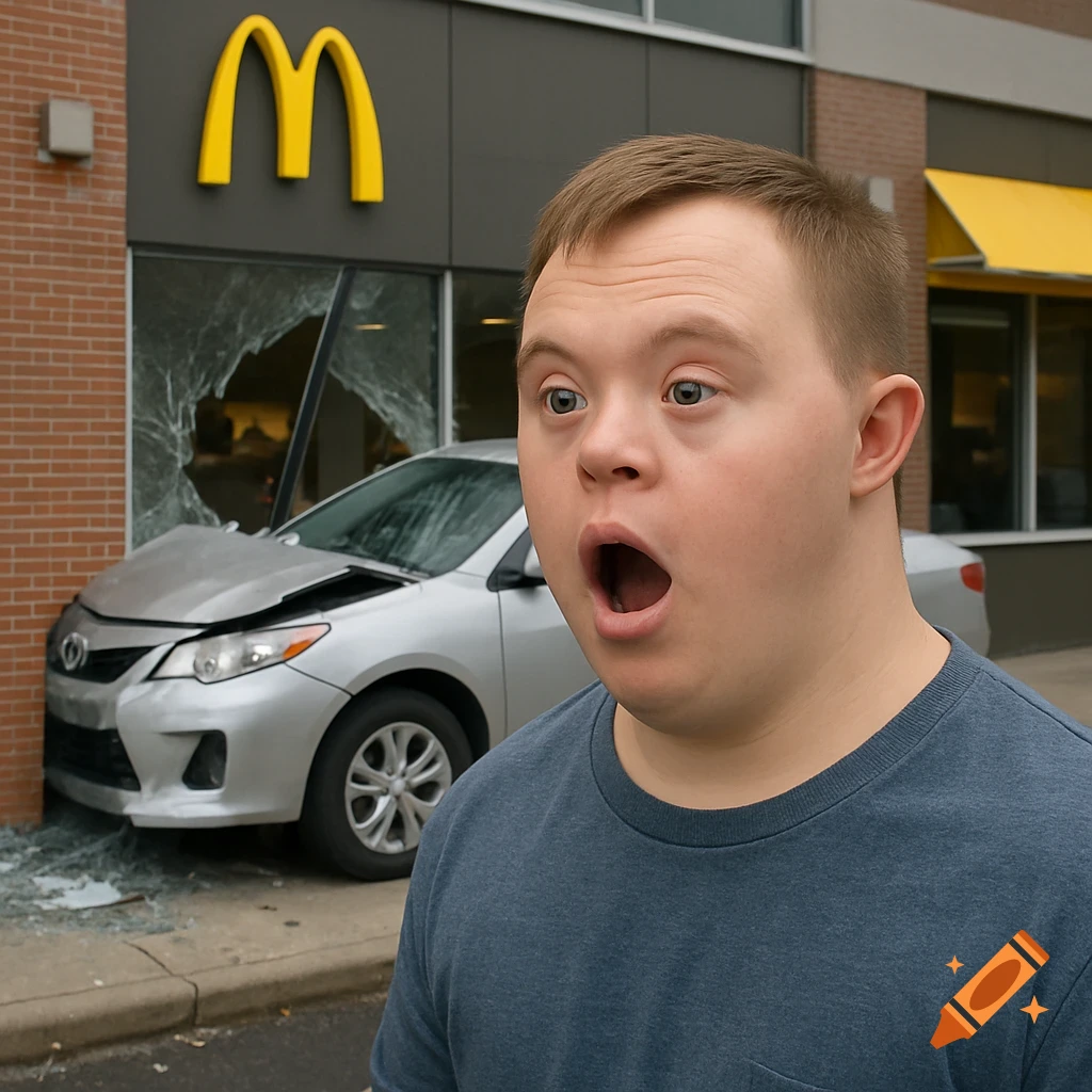 A man with Down syndrome looks shocked as a car crashes into a McDonald's restaurant.
