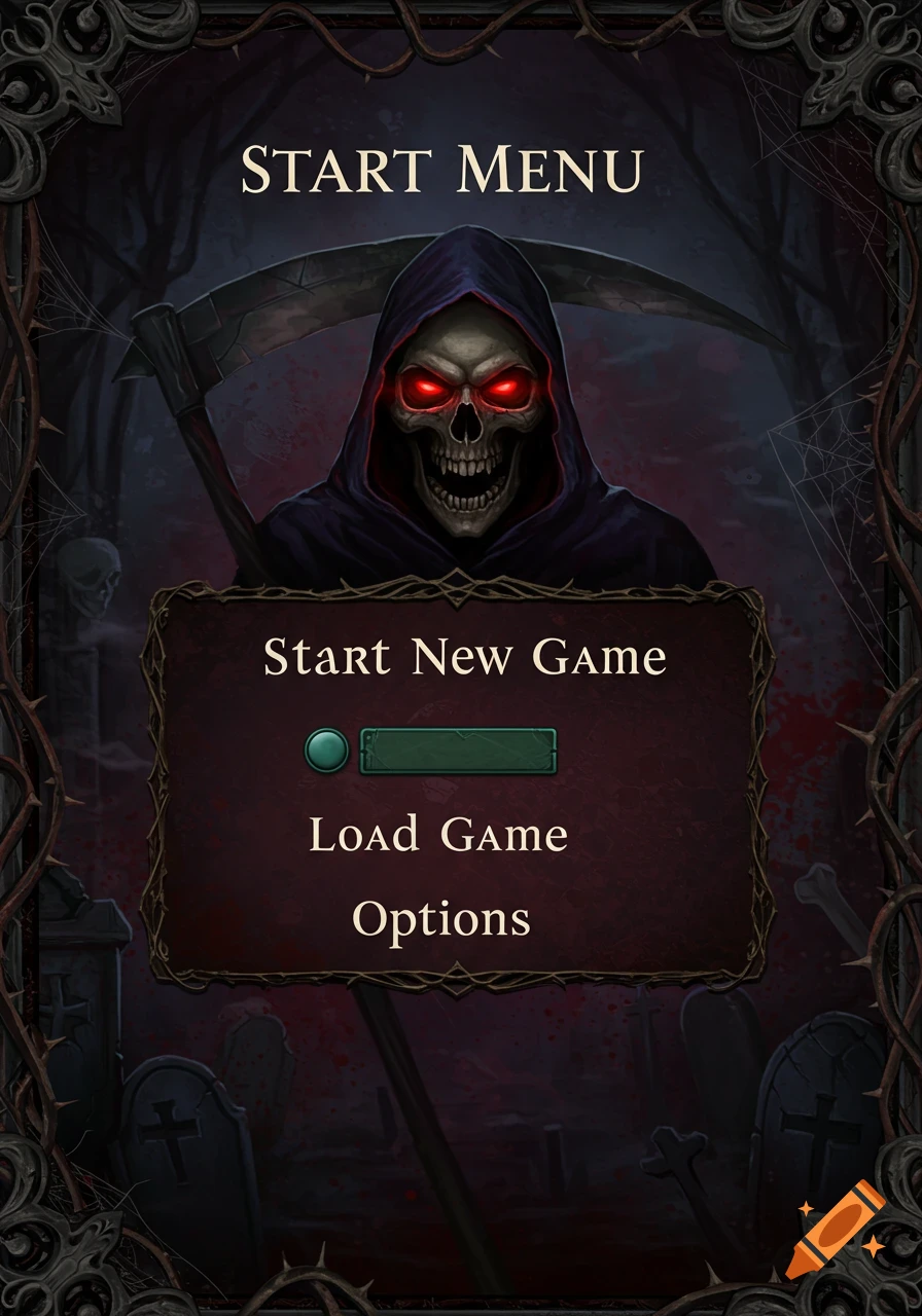 Grim reaper themed game start menu with graveyard background.