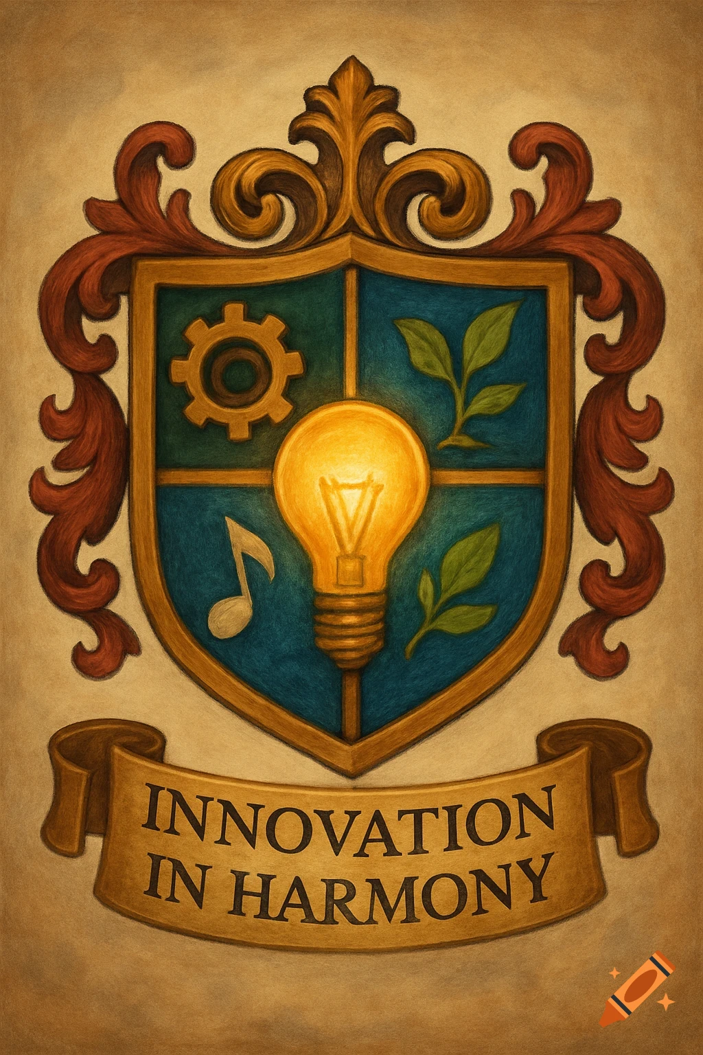 An illustrated coat of arms with symbols for ideas, industry, nature, and music. A banner reads 'INNOVATION IN HARMONY'.