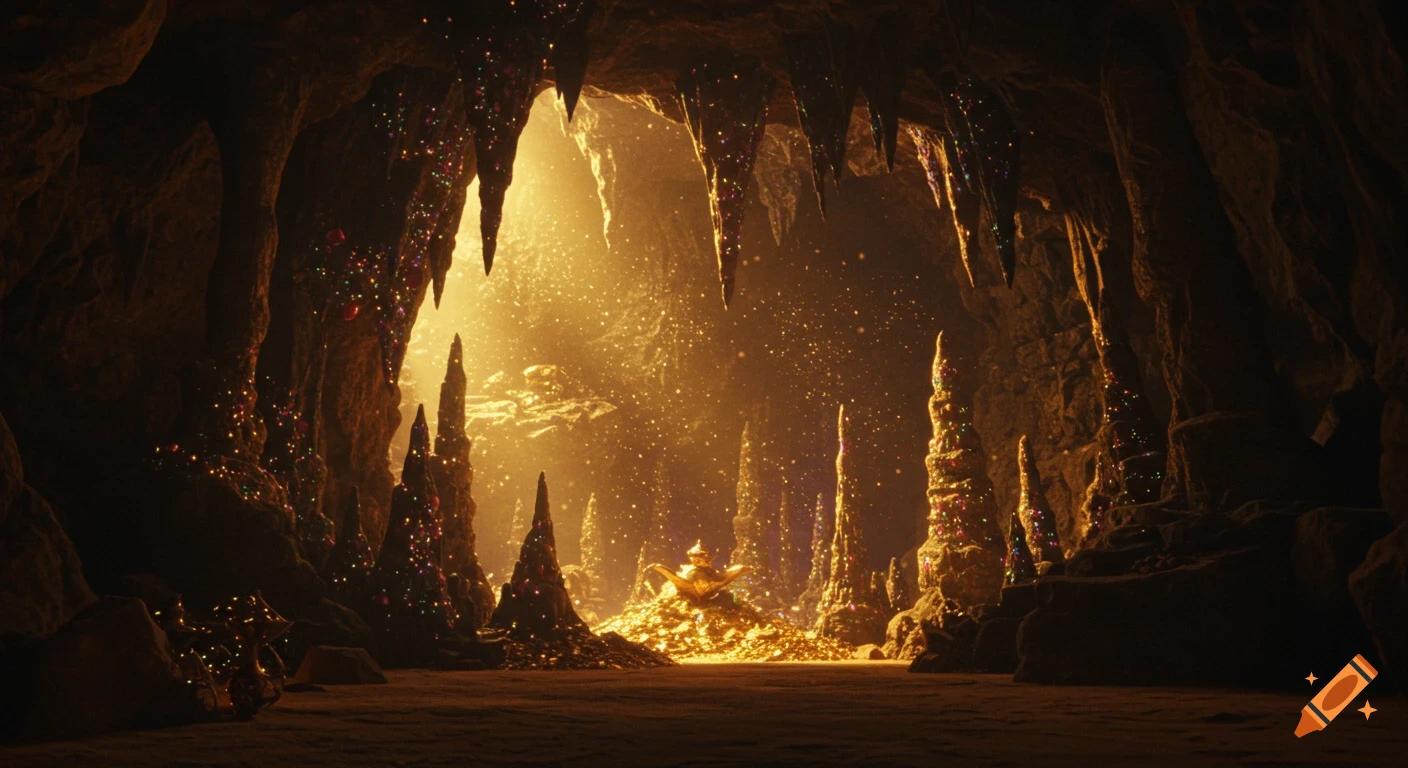 Interior view of a treasure-filled cave with piles of gold, jewels, stalactites, and an ancient lamp bathed in glowing light.