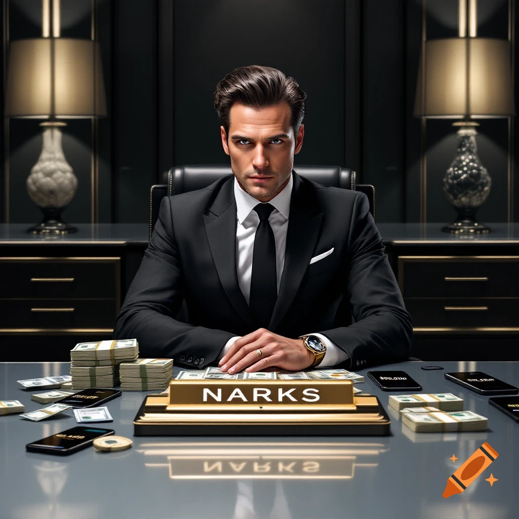 Stylish businessman sits at a sleek desk with stacks of cash, phones, and a 'NARKS' nameplate in a luxurious office.