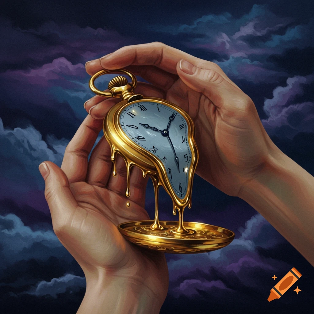 Two hands hold a melting gold pocket watch dripping onto a gold plate against a dark, cloudy sky. Surreal painting style.