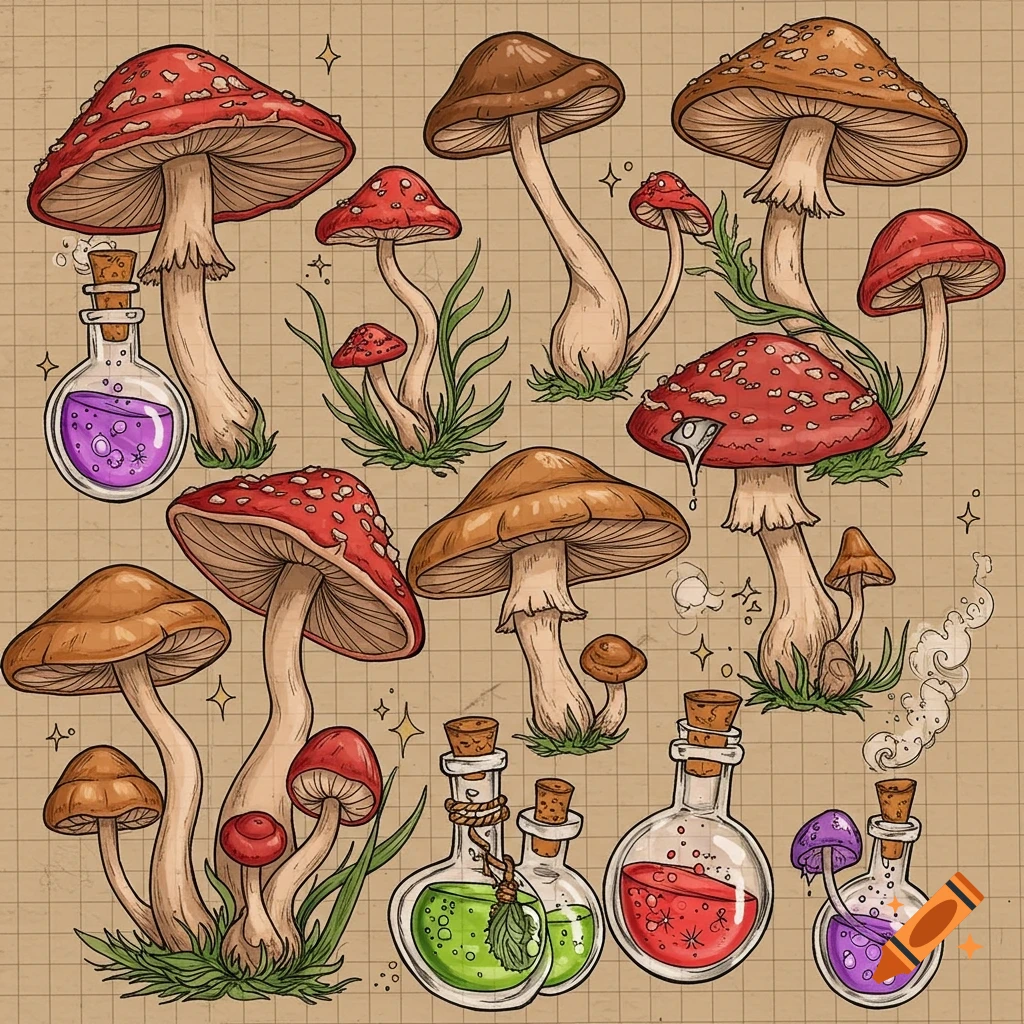 Vintage drawing of various mushrooms and potion bottles on grid paper.