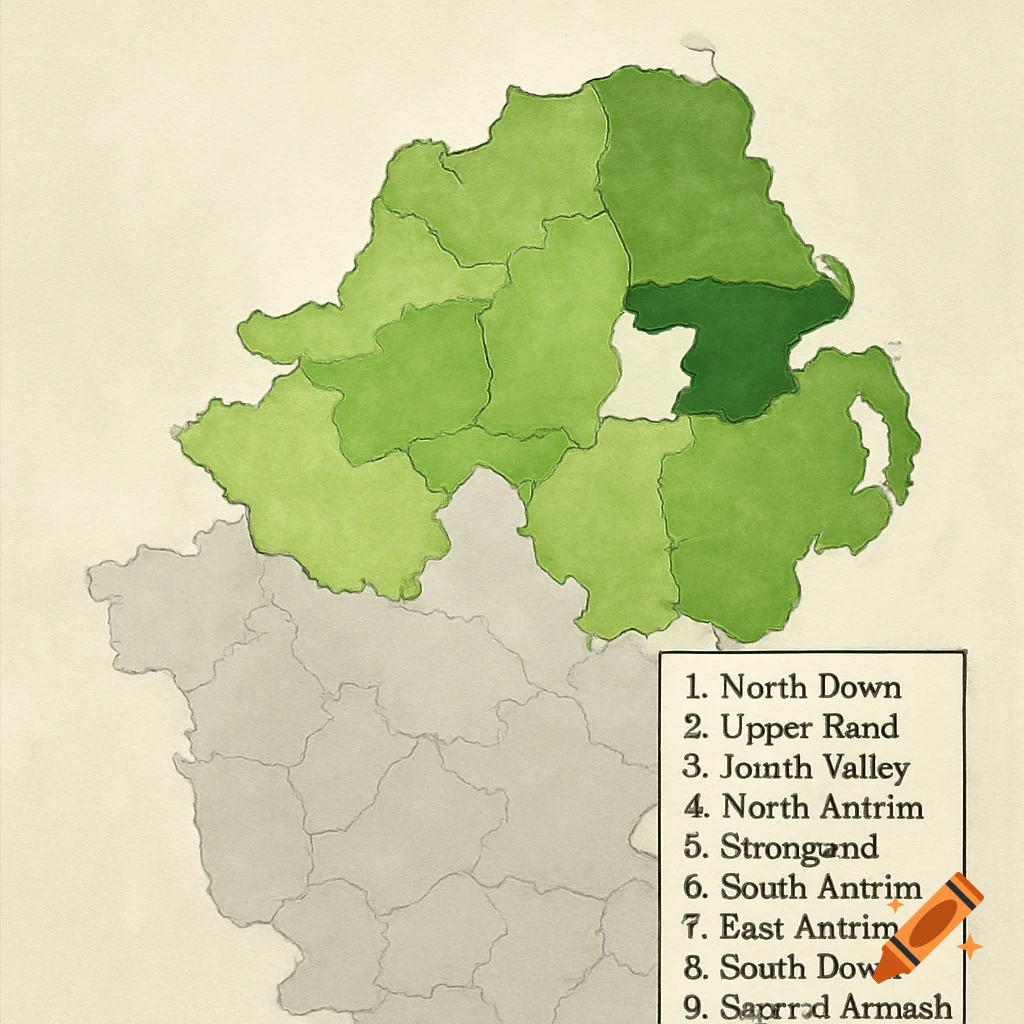 A map of Northern Ireland highlighting regions in green and grey, with a numbered list of region names.