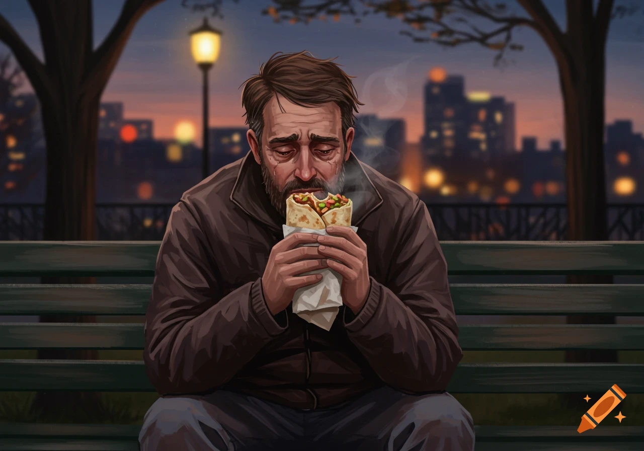 A sad man sits on a park bench at dusk, eating a burrito.