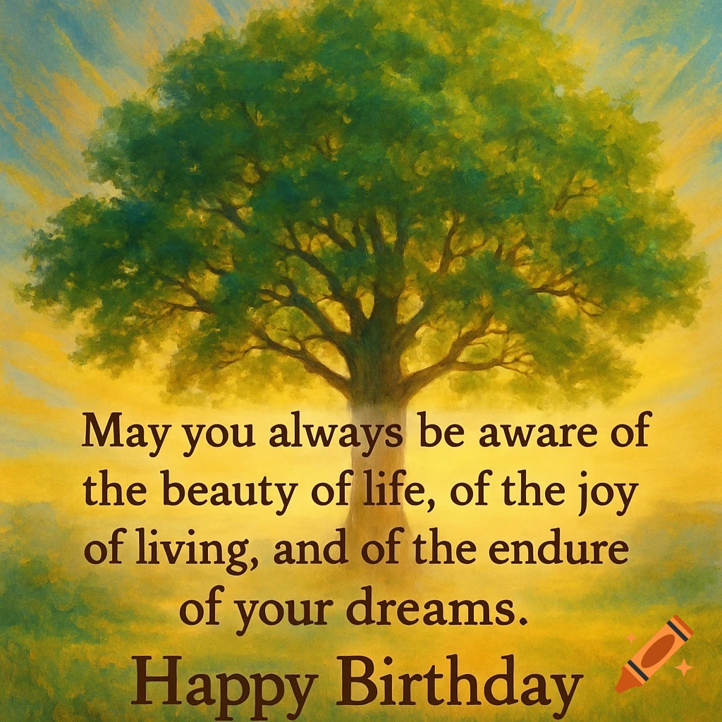 A painterly image of a large tree against a yellow and blue sky with an inspirational quote and 'Happy Birthday' text.