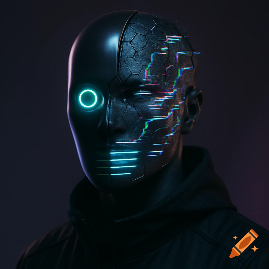 A dark, stylized mask with one side smooth and glowing, the other cracked and glitching with neon lines, cyberpunk style.