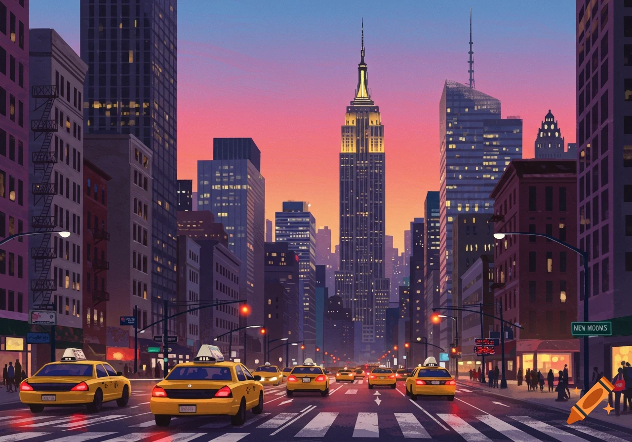Illustrative street view of New York City at sunset with yellow taxis and skyscrapers including the Empire State Building.