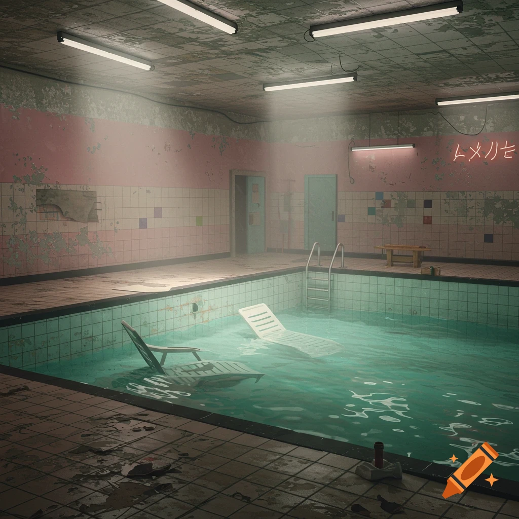 Empty, decaying indoor swimming pool with chairs in the water and glowing text.