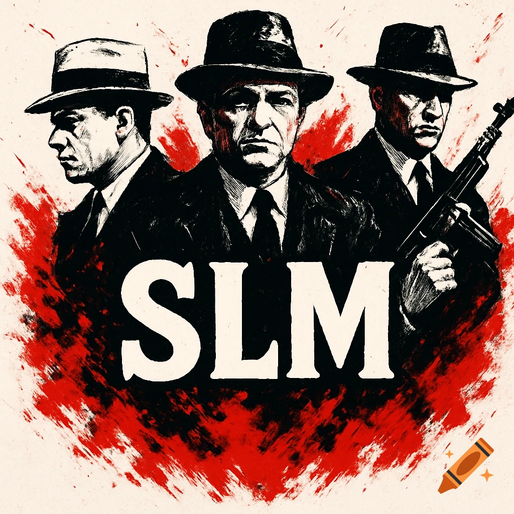 Three men in fedoras and suits, one with a gun, in a black and white illustration with red splatters and 'SLM' text.