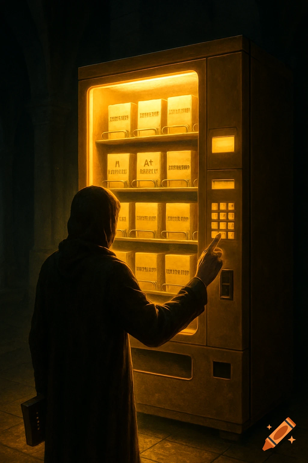 Person interacting with a glowing vending machine selling labeled boxes in a dark room.