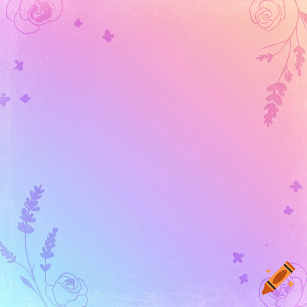 Pastel pink, purple, and blue gradient background with floral and butterfly silhouettes.
