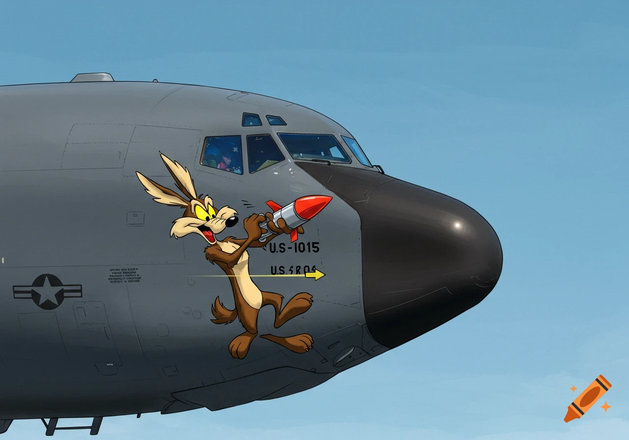 Wile E. Coyote holds a rocket as nose art on a large gray aircraft.