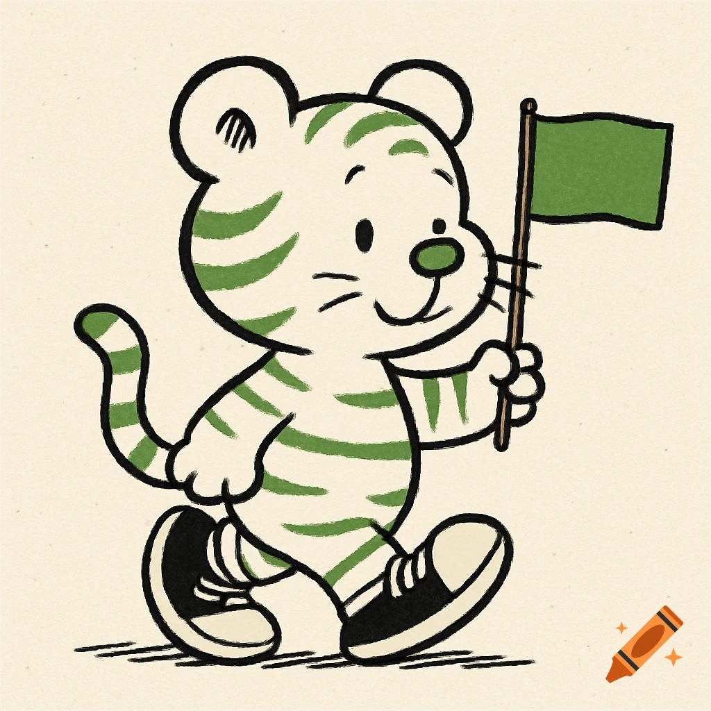 Cartoon tiger cub walking with a green flag, in Peanuts style.