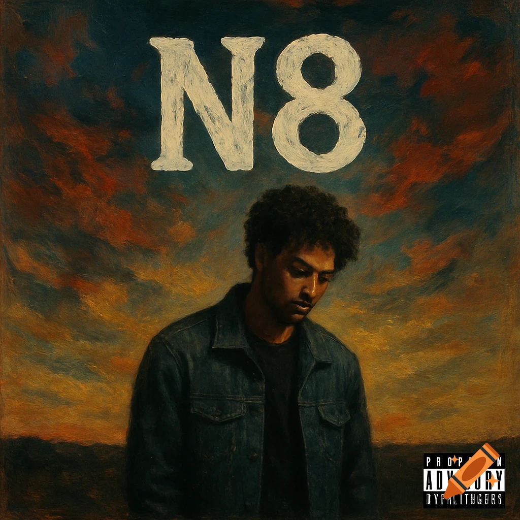 Painting of a man in a denim jacket under a dramatic sky with the text N8 above him. Album cover style.