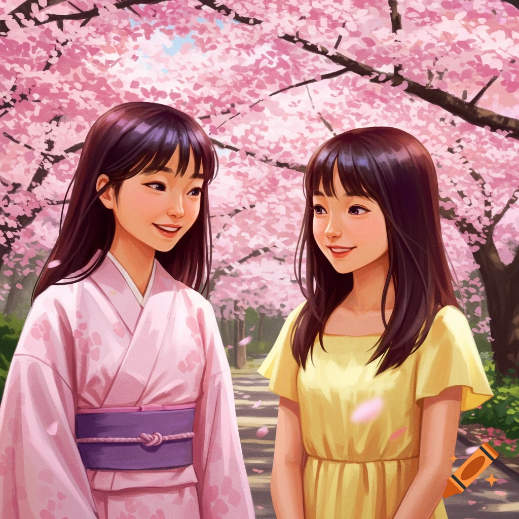 Two young women stand in a park with cherry blossoms, one in a pink kimono, the other in a yellow dress, digital art.