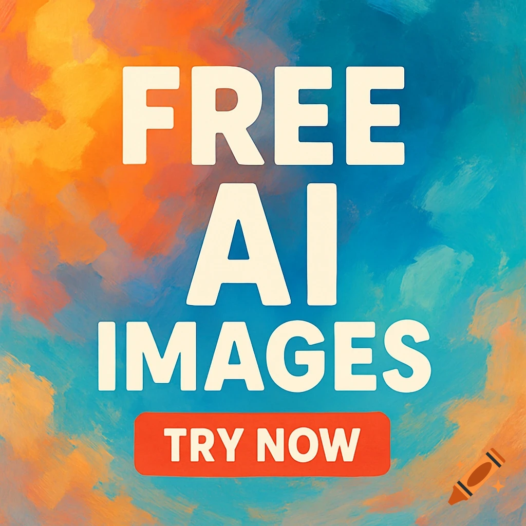 Text reading "FREE AI IMAGES TRY NOW" on a colorful background with orange and blue brushstrokes.