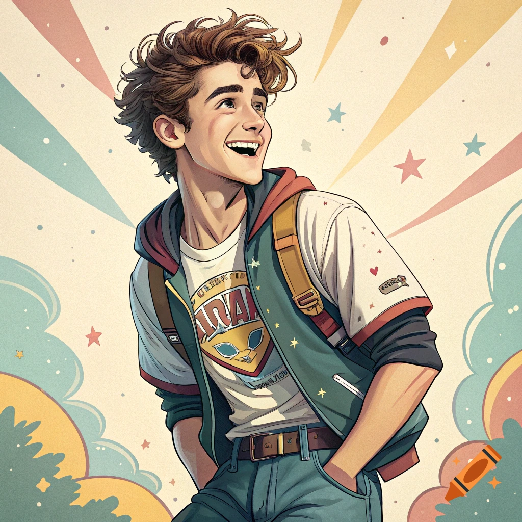 Cartoon illustration of a smiling young man with a backpack, wearing a jacket and t-shirt with a design.