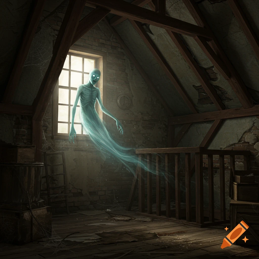A spooky, glowing ghost figure floats in a dusty attic lit by a window.