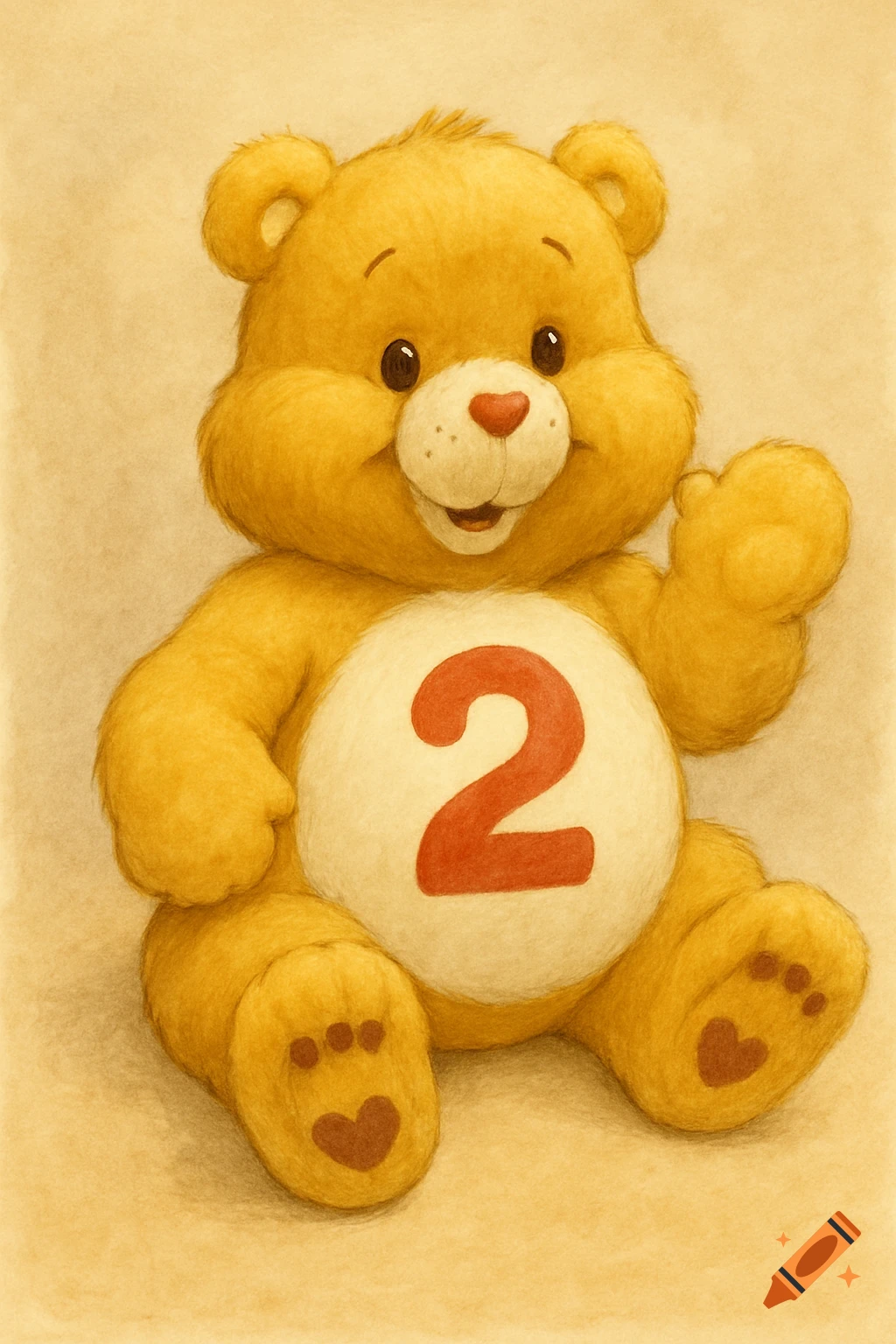 A yellow cartoon bear resembling a Care Bear sits and waves, with a red number 2 on its white belly, in a colored pencil style.