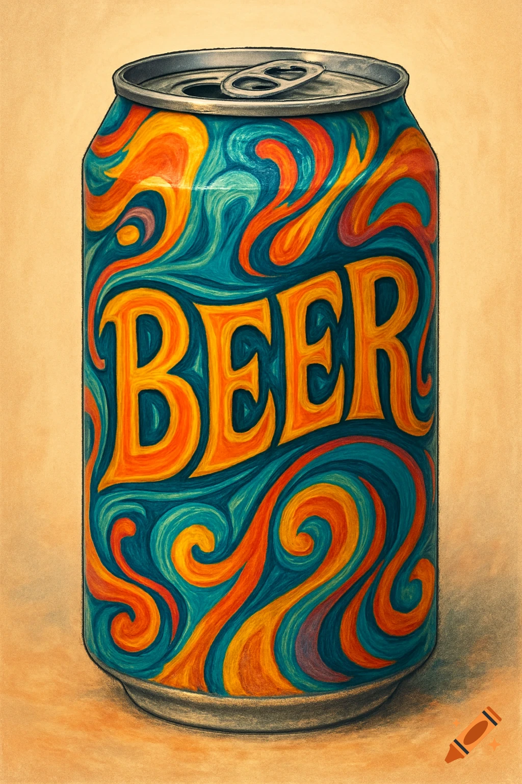 A beer can covered in vibrant orange, teal, and yellow psychedelic art patterns, with the word 'BEER' in bold letters.