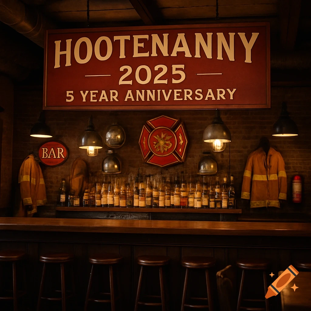 A view inside a firefighter-themed bar with a sign that says "Hootenanny 2025 5 Year Anniversary".