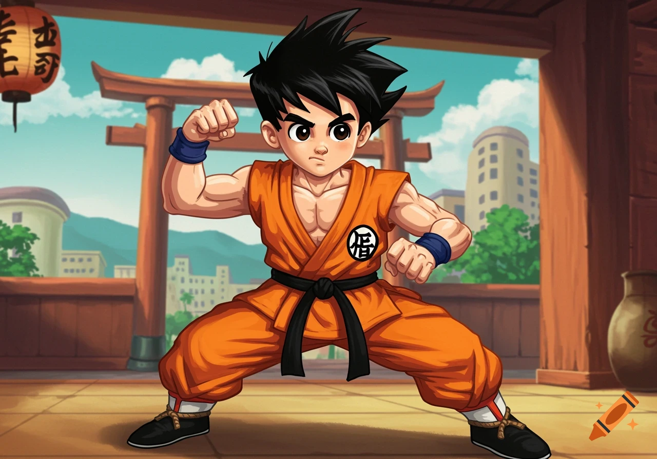 Young anime character in orange gi doing a fighting pose in a dojo setting.