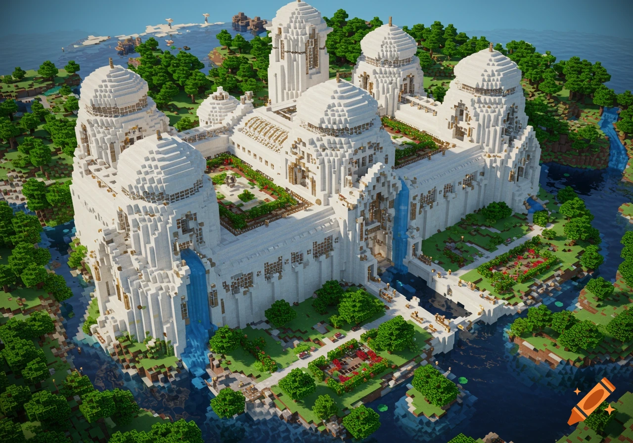 A large white palace building with domes, gardens, and waterfalls, rendered in a Minecraft style.