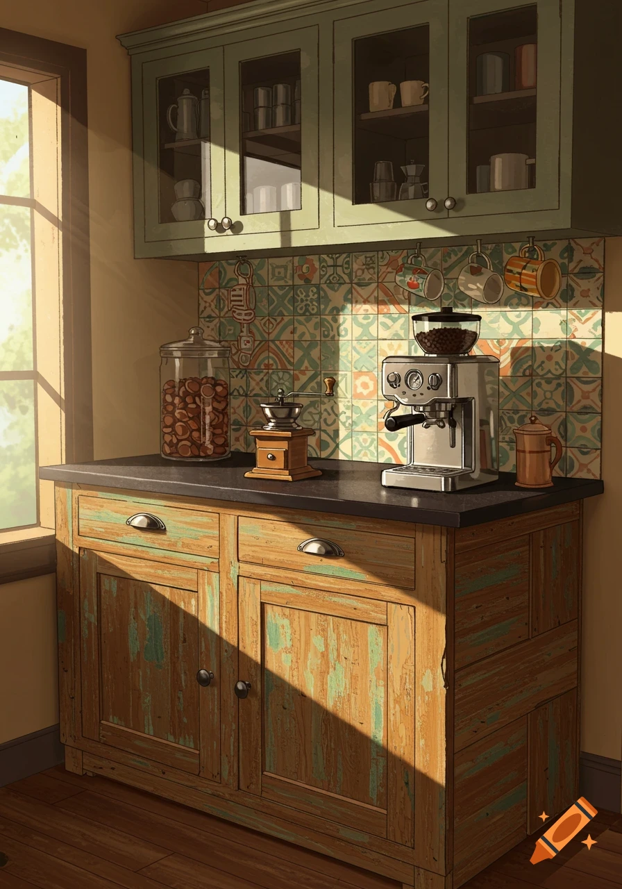 A sunlit kitchen counter features a coffee maker, grinder, and a jar of coffee beans next to a window, with mugs hanging above tiled backsplash.