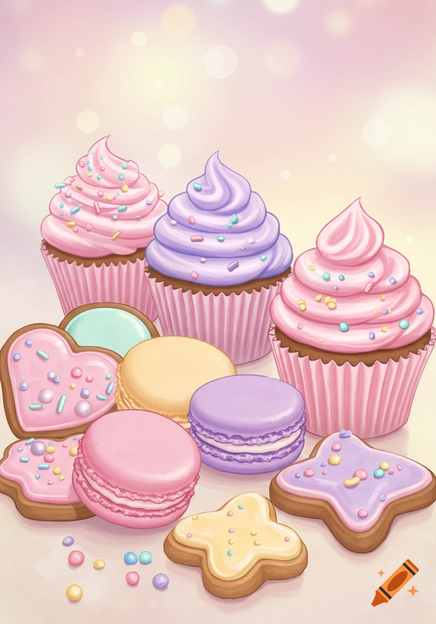 Pastel pink and purple cupcakes, macarons, and cookies in an illustrative style.