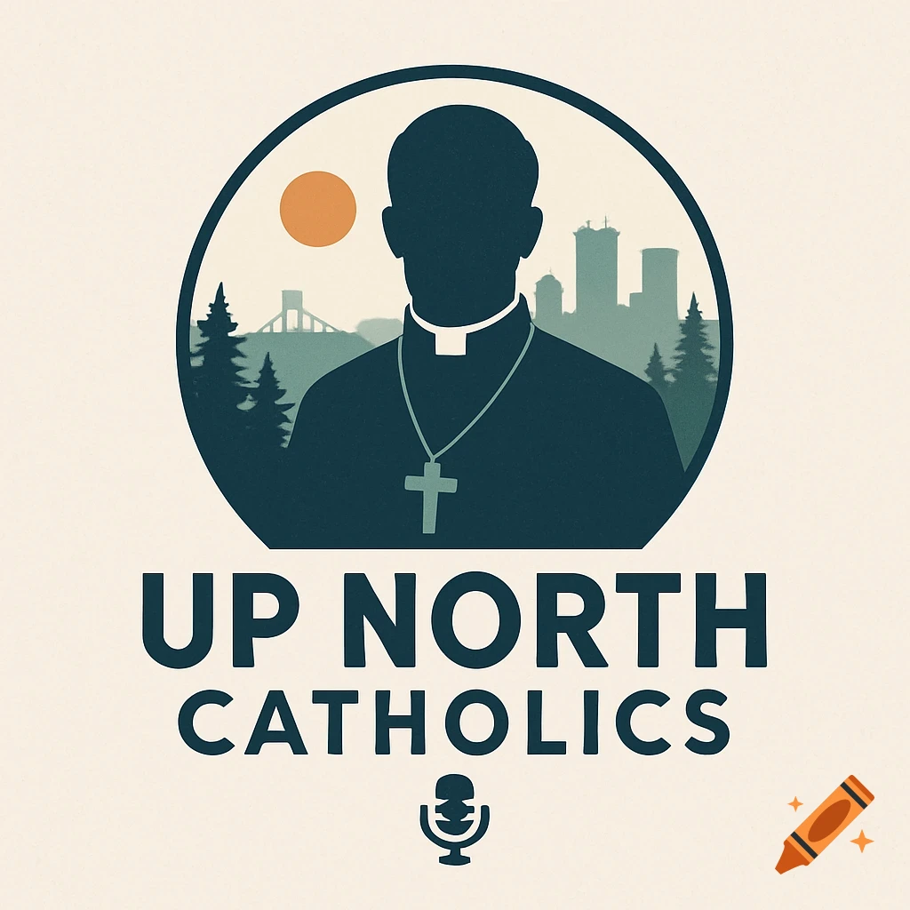 Logo for 'Up North Catholics' podcast, featuring a silhouette of a person in religious attire with a cross necklace.